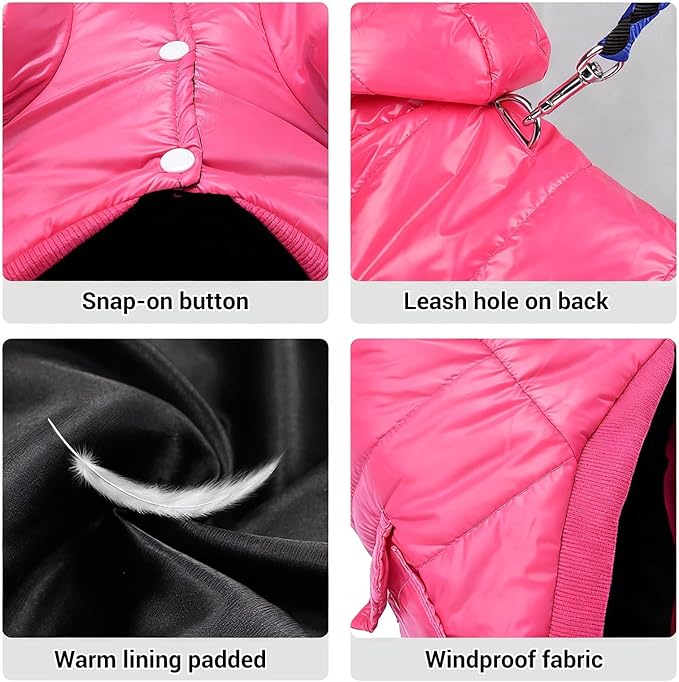 LESYPET Dog Coat for Small Dogs, Windproof Doggie Puffer Jacket with Leash Hole, Extra Warm Dog Jacket Winter Coat, Pink S