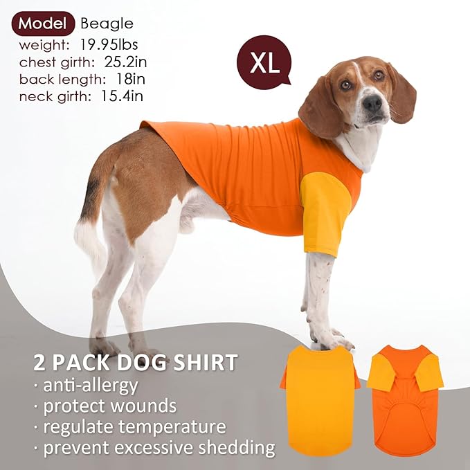 2 Pack X-Large Dog Shirts - Breathable Lightweight Durable Tees, Durable Moisture-Wicking Clothes for Beagle, Bullmastiff, Sleeping Hot Summer Day Outdoor Activities, Travel, Seaside, Orange