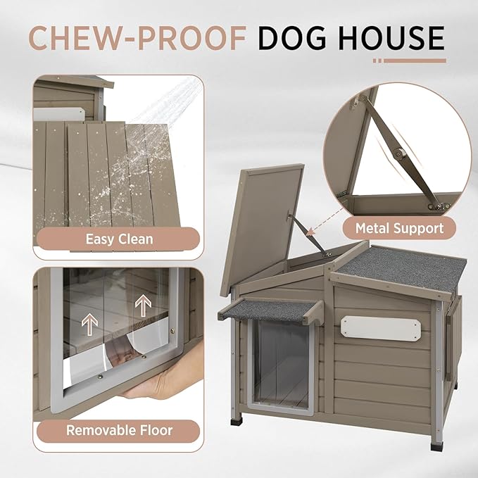 Outdoor Dog House, Weatherproof Wooden Kennel for Medium Dogs, Large Wooden Dog House with Chew-Proof Iron Frame, Removable Floor (Grey, 43.5" D x 29.5" W x 33.5" H) (Grey, 34" D x 22" W x 26.5" H)