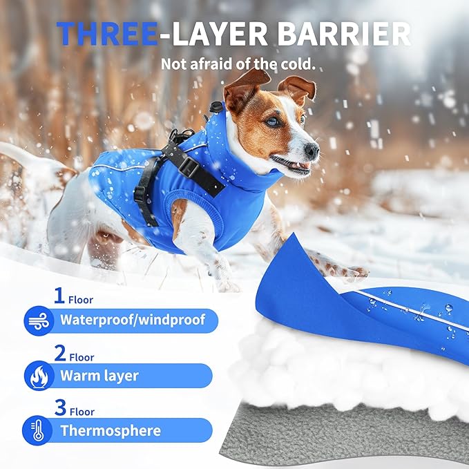 Dog Winter Coat Reflective Water-Resistant Jacket, Fleece Lined Windproof Puppy Coat with Back Zipper & D-Ring, Cold Weather Dog Coats for Small Medium Large Dogs (S, Blue)