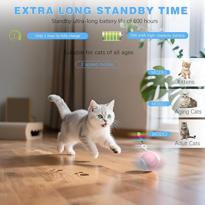 Cat Toys Interactive for Indoor Cats, Touch & Sound Smart Control - Fast Slow 2 Speed Motion Activated Cat Ball Toy for Bored Cats with LED Lights, Feathers Tail, USB Charging Cable, 6in1