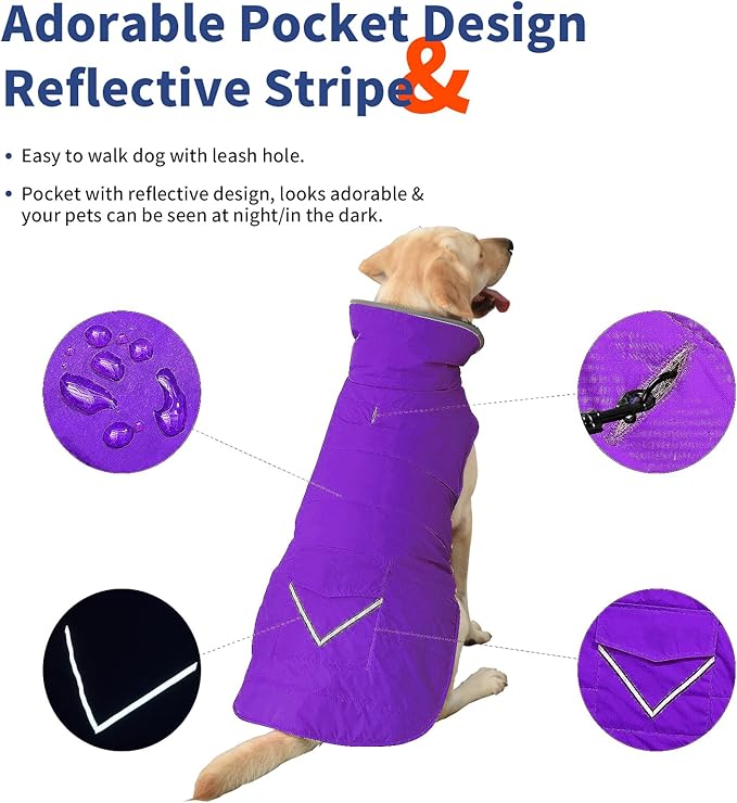 Dog Coat, Waterproof Dog Winter Jacket with Pocket, Reflective Adjustable Pet Snow Vest, Warm Cozy Fleece Sweater for Small Medium Extra Large Dogs - Purple, S