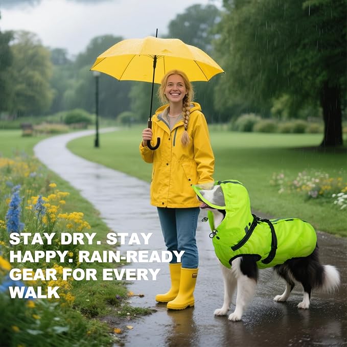 Dog Raincoat XXL, Waterproof Dog Raincoats for Large Dogs with Adjustable Built-in Harness & Back Zipper, Reflective Strip, Removable Hood, for Rainy Walks, Muddy Roads - Fluorescent Green