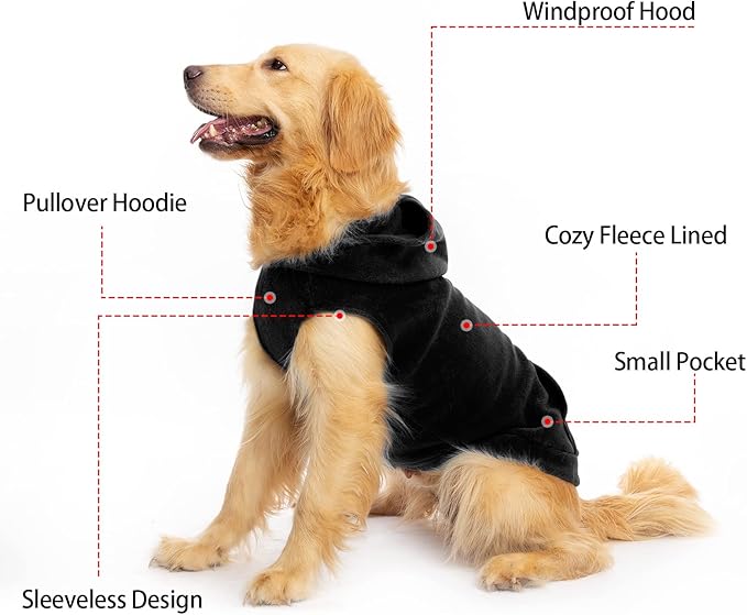 EXPAWLORER Dog Hoodie Fleece Sweater Vest, Hooded Dog Sweatshirt Fall Winter Pet Clothes with Leash Hole, Sleeveless Warm Cozy Puppy Clothing for Cat Small Medium Large Dogs Girl Boy, Black L