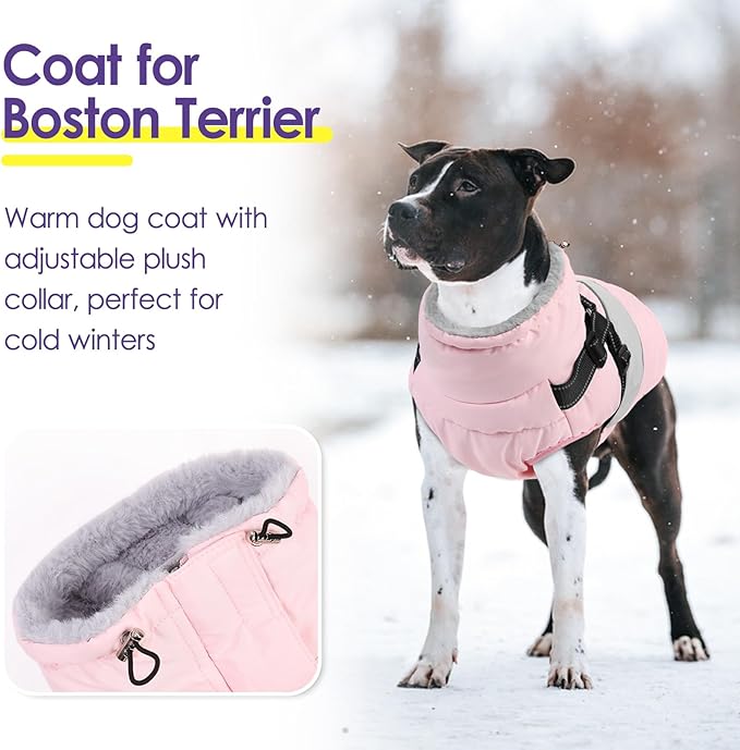 SUNFURA Dog Coat, XXXL Dog Jacket Winter with Harness Built in, Waterproof Pet Snow Jacket with Furry Collar for Chilly Day, Reflective Fleece Snowsuit for Extra Large Dogs, Pink 3XL