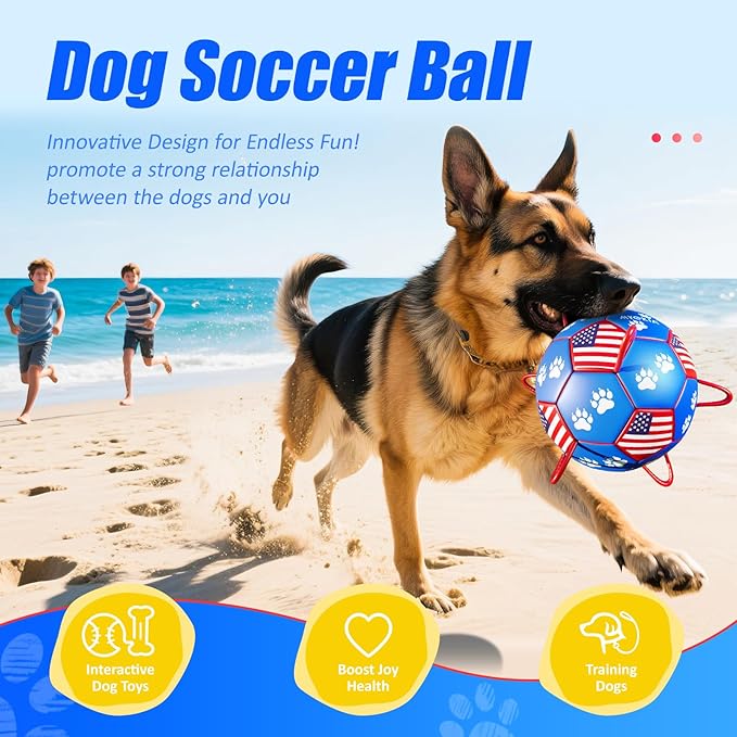 Size 3 Interactive Dog Football with Strap, Blue & Red, Eye-Catching Paw Prints and Flag Design, Ideal Outdoor Training Pet Toy, Perfect Choice for Medium & Large Dogs' Playtime