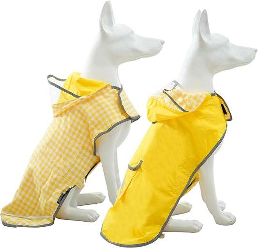 MAMORE Dog Raincoat Reversible,Waterproof Dog Rain Coat Hooded Slicker Poncho with Reflective Strip, Plaid Double Layer Rain Jacket for Small Medium Large Dogs (Yellow, XX-Large)
