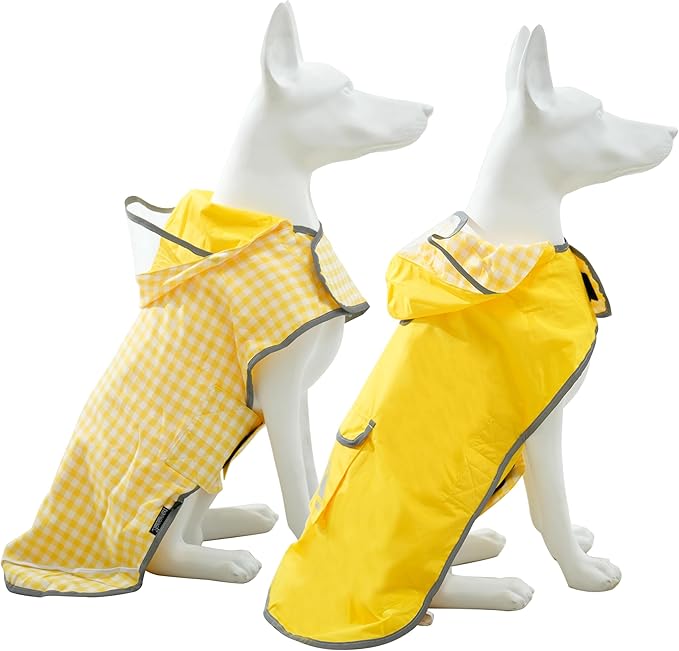 MAMORE Dog Raincoat Reversible,Waterproof Dog Rain Coat Hooded Slicker Poncho with Reflective Strip, Plaid Double Layer Rain Jacket for Small Medium Large Dogs (Yellow, X-Small)