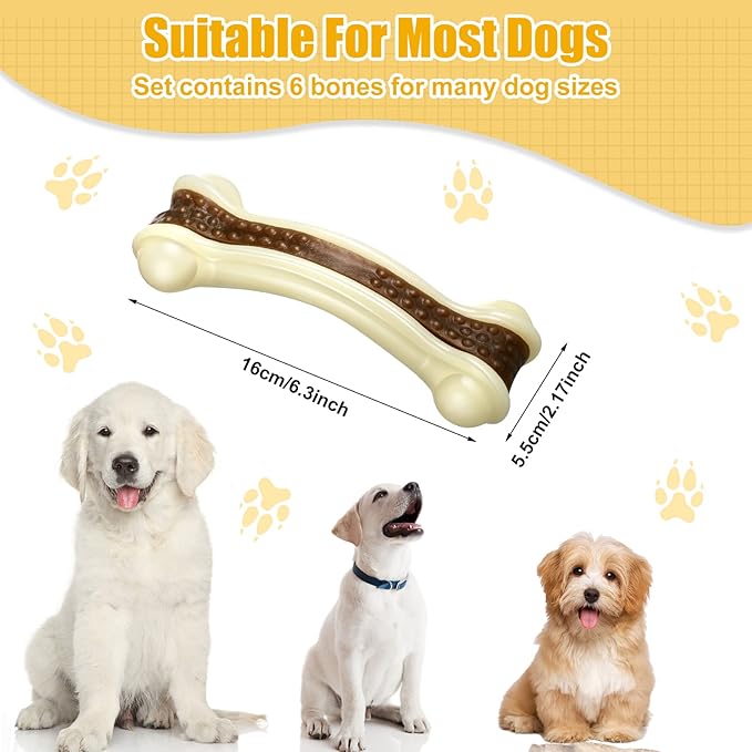 Sosation 6 Pcs Dog Toys for Aggressive Chewers Nylon Beef Flavor Bones Tough Puppy Teething Toys Puppy Chew Bones for Large Medium Small Breed Dogs Puppies Pets Chew Toys(Large)