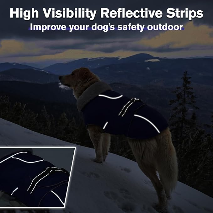 Lelepet Warm Dog Winter Coat Waterproof Dog Jacket with Adjustable Buckle & Leash Hole Reflective Pet Fleece Snowsuit Turtleneck Windproof Cold Weather Coats, Blue, M