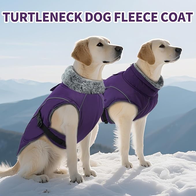 DENTRUN Large Dog Winter Coat - Windproof Reflective Warm Coat, Adjustable Neck & Snap Closure, Water Repellent Thick Fleece Vest, Fleece Lined for for Golden Retriever, Purple, XL
