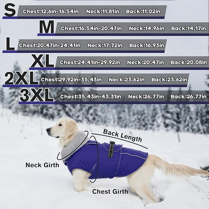 Lelepet Warm Dog Winter Coat Waterproof Dog Jacket with Adjustable Buckle & Leash Hole Reflective Pet Fleece Snowsuit Turtleneck Windproof Cold Weather Coats, Blue, S