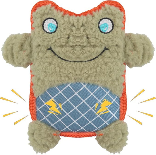 Crinkle Dog Toys Squeaky Plush No Stuffing Cute Puppy Stuffless Tough Rop Pull Toy, Fun Dog Stuffed Animals Durable Chew Set for Small Medium Large Pup (Large, Green Frog)