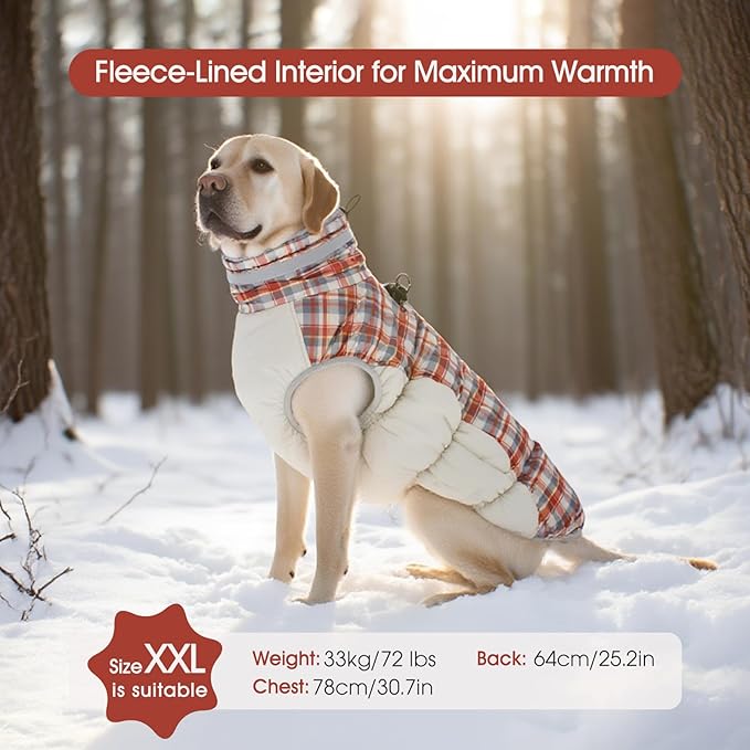 FUAMEY Dog Coat for Large Dogs,Waterproof Dog Winter Jacket with Harness Built in Puppy Cold Weather Coats Reflective Pet Vest with Zipper Warm Fleece Dogs Snowsuit Windproof Red Plaid XL