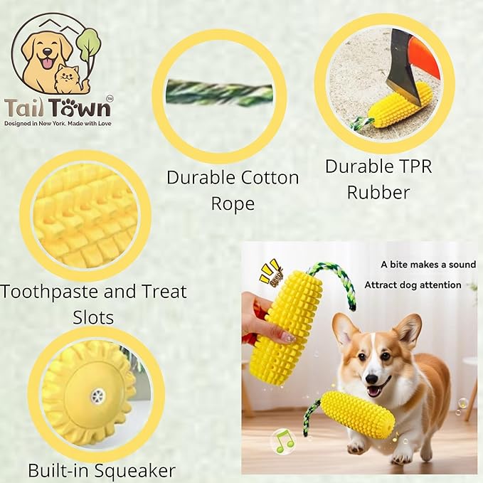 Squeaky Corn Dog Toy – Interactive Rubber TPR Chew Toy – Teeth Cleaning, Fetch & Tug – Water Float, Indoor & Outdoor Play – for Small, Medium & Large Dogs, Puppies & Seniors – Tail Town