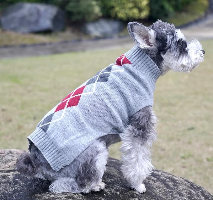 Alemon Grey Argyle Knit Pet Sweaters Clothes for Medium Dogs, Classic Gray Large (L) Size