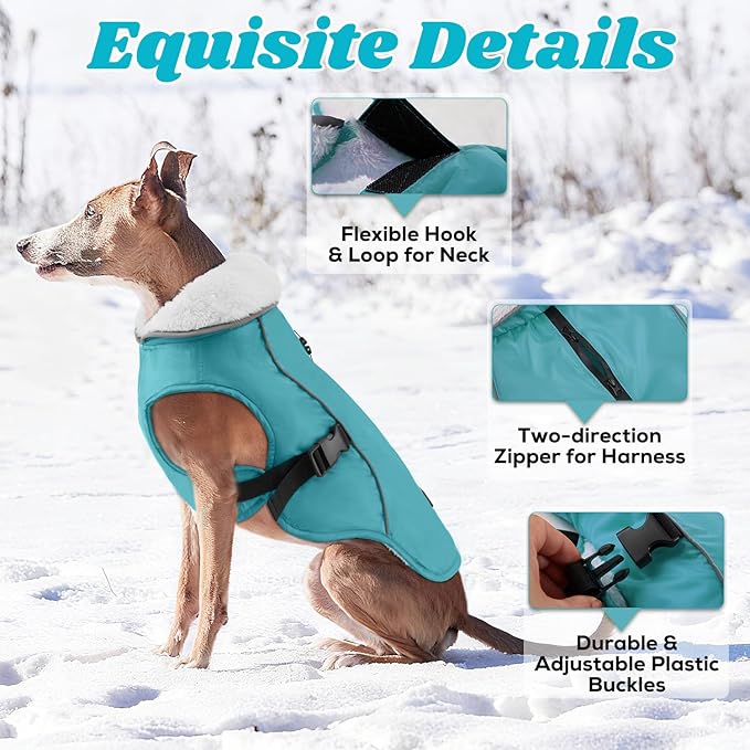 EMUST Dog Coat Winter, Waterproof Pet Snow Jacket for Winter, Adjustable Small/Medium/Large Dog Coat, Turquoise, L