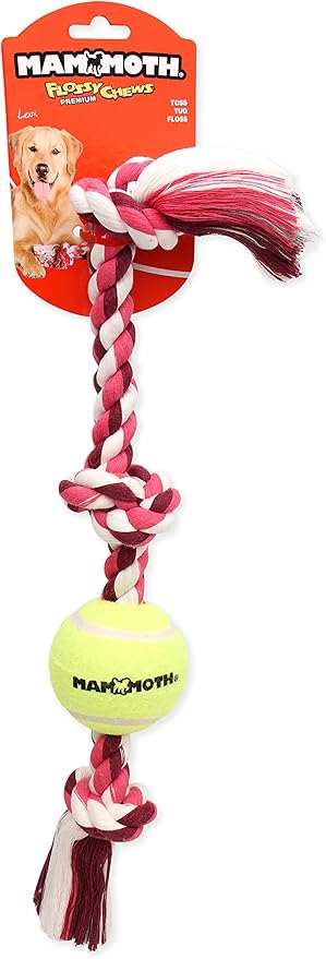 Mammoth Flossy Chews Color 3 Knot Tug w/Standard Tennis Ball – Premium Cotton-Poly Tug Toy for Dogs, Interactive Rope Dog Toy for Medium Dogs - 20” , Multi color