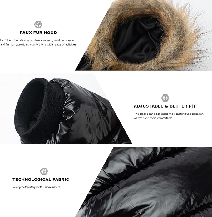 PINA Dog Winter Coat with Faux Fur Hood, Windproof and Warm, Suitable for Small to Large Dogs, Black, L