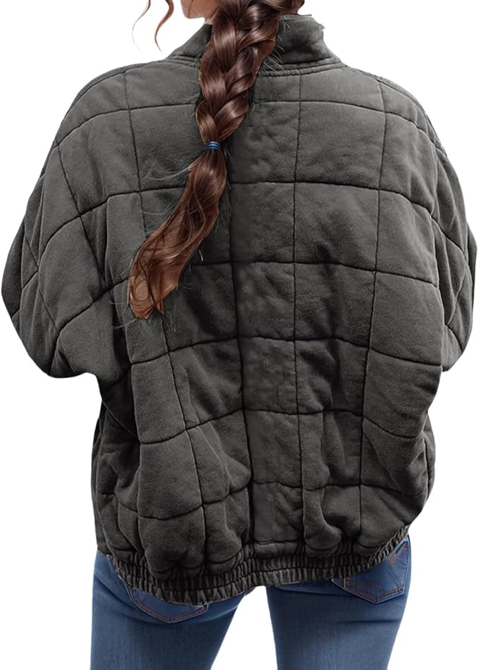 LIZALIG Warm Padded Coat for Women Full Zip Quilted Jackets Winter Oversized Causal Solid Color Stand Collar Pockets Coat