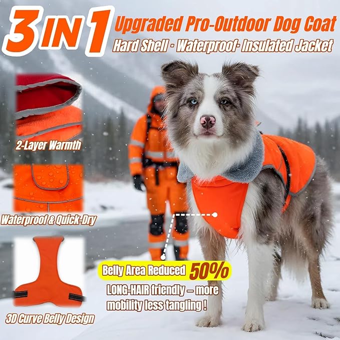 Insulated Dog Winter Jacket with 2 Layer Warmth, Hard Shell Pet Coat with Full-Body Reflective Strip, Waterproof & Thick Coats for Large Dogs with Leash Portal, Durable 3D Belly Cut Clothes(Orange, L)