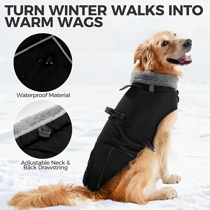 Mihachi Dog Coat for Large Dogs, Warm Dog Winter Coat Waterproof Dogs Jacket with Harness Built in Reflective Pet Fleece Vest, Puppy Cold Weather Coats Turtleneck & Windproof Pet Snowsuit, Black XL
