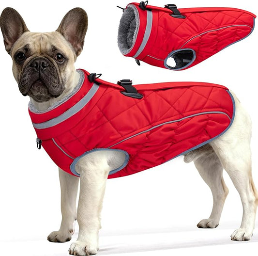 Dog Coat, Warm Dog Winter Coat for Small Dogs, Waterproof Jacket with Harness Built in, Reflective Turtleneck Cold Weather Coats with Zipper,Pet Fleece Vest Snow Jacket, Red XS
