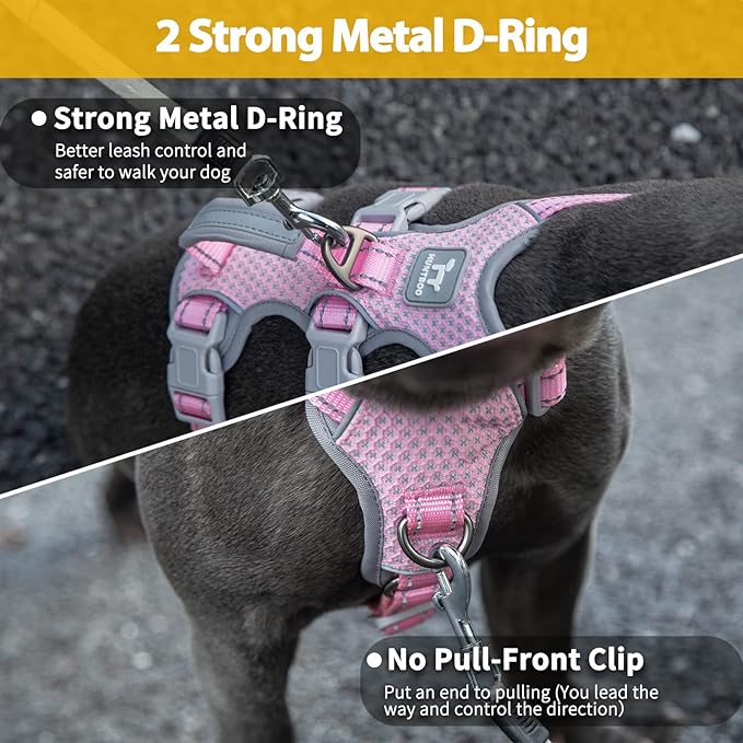 Huntboo Escape Proof Dog Harness, No Pull Reflective Harness with Lift Handle, Adjustable Pet Vest with Front and Back Leash Clips for Small Medium Large Dogs Walking Hiking Training (Pink,L)