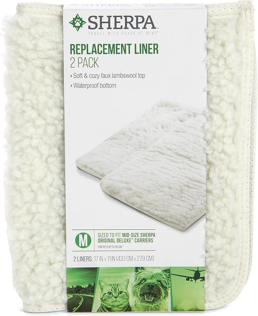 Sherpa Replacement Liners for Travel Pet Carriers - Soft Absorbent Cat & Dog Kennel Pad with Waterproof Backing, Machine Washable Crate Pads, 16.5x11.25in - 2 Pack, White, Medium