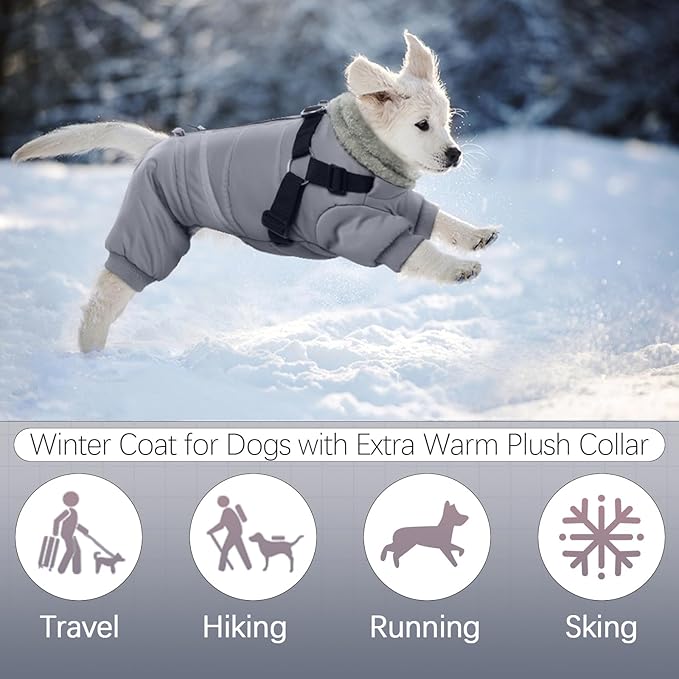 BRKURLEG Grey Dog Winter Coat, Cozy Winter Dog Jackets, Small Dogs Coat with Harness, Onesie Body Warm Puppy Jacket, Pet Reflective Windproof Cold Weather Jackets, Puppy Four-Legged Puffer Coats, M