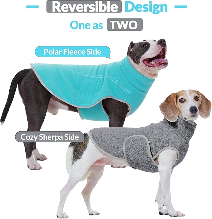 ROZKITCH Reversible Large Dog Coats for Winter Super Warm Fleece Sherpa Sweater with Embroidery, Adjustable Double-Sided Plush Sweatshirt for Large Breeds Bluegreen 3XL