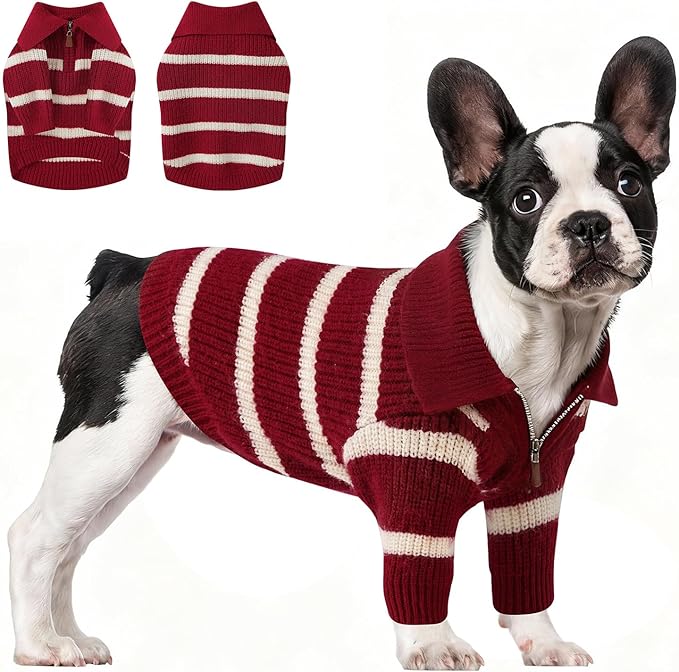 Small Dog Sweater with Zipper, Knitted Striped Pullover Dog Clothes for Cold Weather, Thick Warm Cozy Stretchy Sweater for Chihuahua, Bulldog, Dachshund, Pug(Red & White Strip, L)