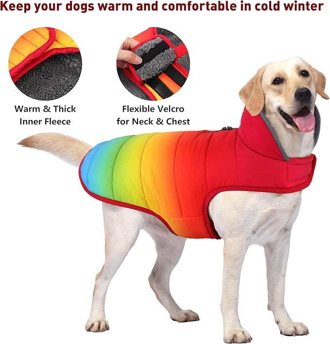 Dog Winter Coat, Waterproof Dog Jacket with Leash Hole, Reflective Adjustable Pet Snow Vest, Warm Fleece Sweater for Small Medium Large Dogs - Rainbow, 3XL