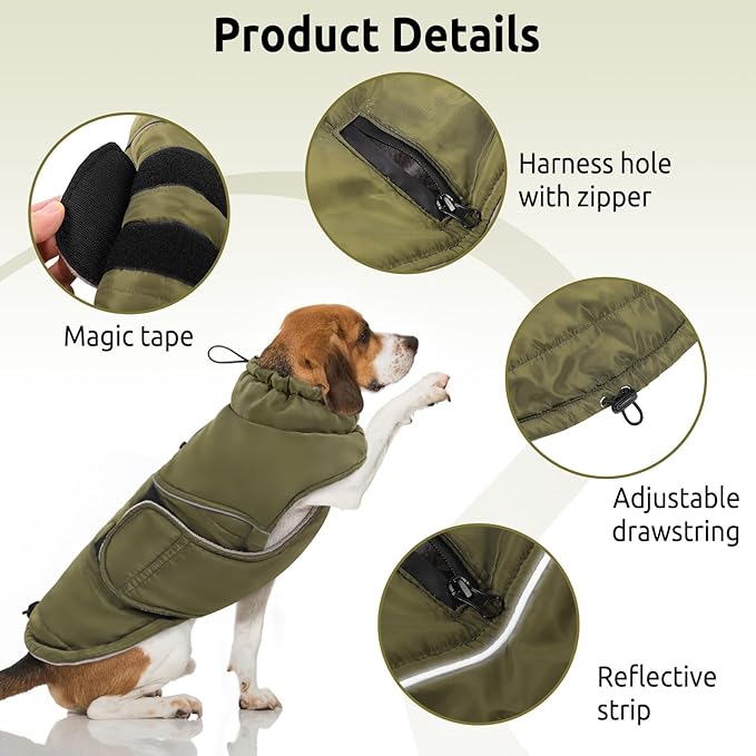 Peferhouse Dog Warm Winter Coat - Dog Cold Weather Reflective Jacket with Harness Hole Thick Vest ArmyGreen M