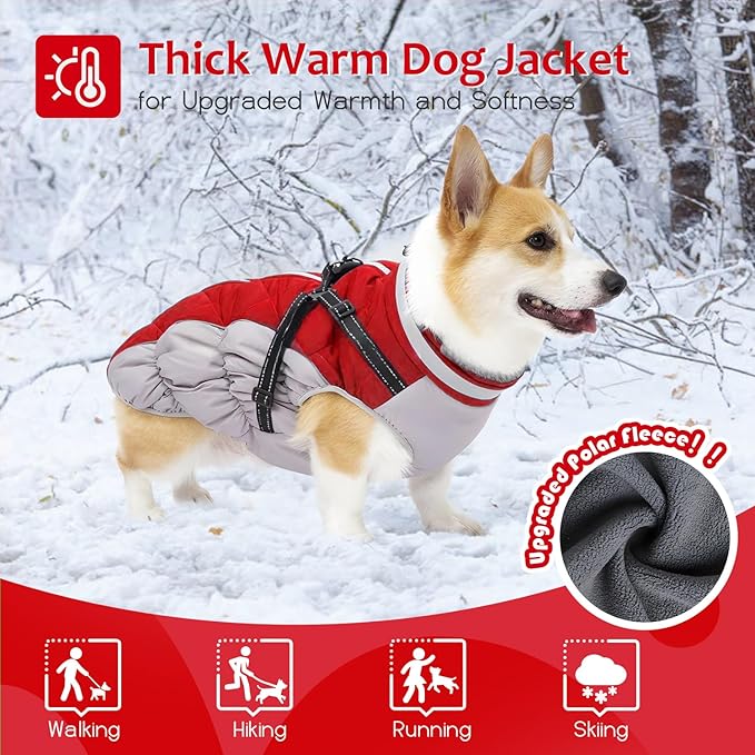 Dog Winter Coat with Harness, Dog Jacket, Pet Clothes with Zipper on Back, Waterproof Windproof Warm Vest, Reflective Cold Weather Coats, for Small Medium Large Dogs, Thick, Red, S