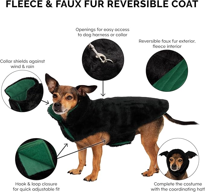 Furhaven Reversible Small Dog Coat, Washable & Insulating w/ Leash Access - Faux Fur & Quilted Fleece Flex-Fit Jacket - Black/Green, Small