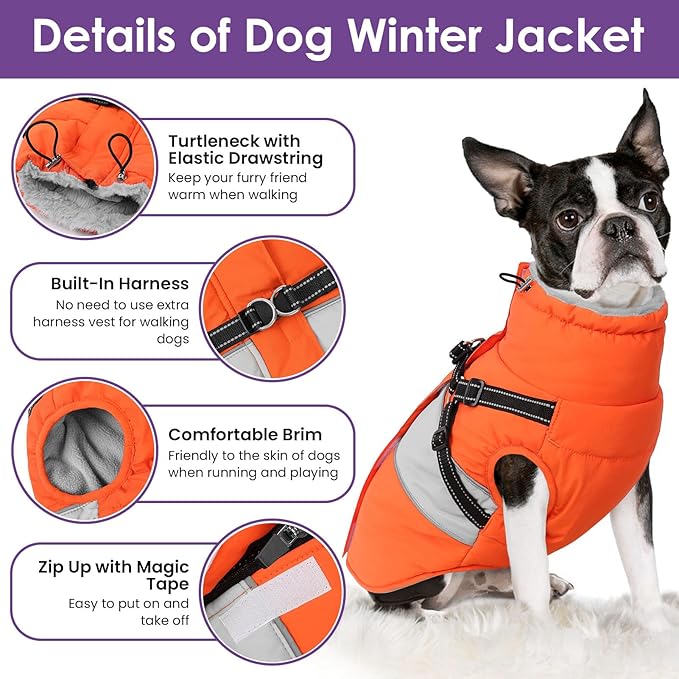 SUNFURA Small Dog Coat with Harness Built in, Warm Dog Jacket Winter with Zipper On Back, Waterproof Pet Snow Jacket Snowsuit Pet Sweater Clothes for Schnauzer, Yorkshire Terrier, Orange S