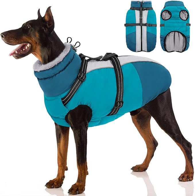 SUNFURA Large Dog Coat with Harness Built in, Warm Dog Jacket Waterproof Pet Winter Coat Snowsuit for Cold Weather, Reflective Fleece Jacket for Large Dogs, Border Collie, Turquoise XL