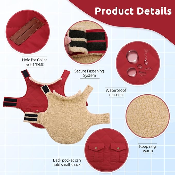 ASENKU Warm Dog Winter Coat, Waterproof Dog Coat for Cold Weather, Fleece Dogs Jacket with Ultra Thick Plush Lining Leash Hole Storage Pockets for Large Dogs (Red, Large)