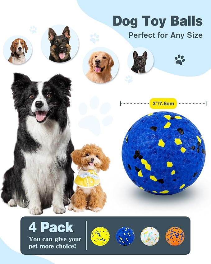 Dog Balls Tennis Ball Toys 4Pack 3''Dog Toys for Aggressive Chewers Indestructible Durable Teething Chew Bouncy Safe Balls Dogs Floating for Water Toy Fetch Pet Ball for Large Medium Dogs