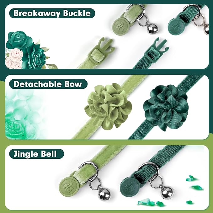 azuza 2 Pack Cat Collar Floral with Bell and Removable Flower Bowtie Breakaway Adjustable Velvet Fabric Cat Collar for Pets and Daily Decoration, Christmas Green & Light Green