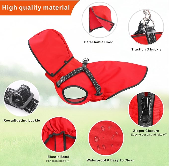 Mosucoirl Dog Raincoat Waterproof Dog Hoodie Reflective Dog Raincoat Hooded Adjustable Rain Jacket for Small Medium Large Dogs Puppies (Red, M)