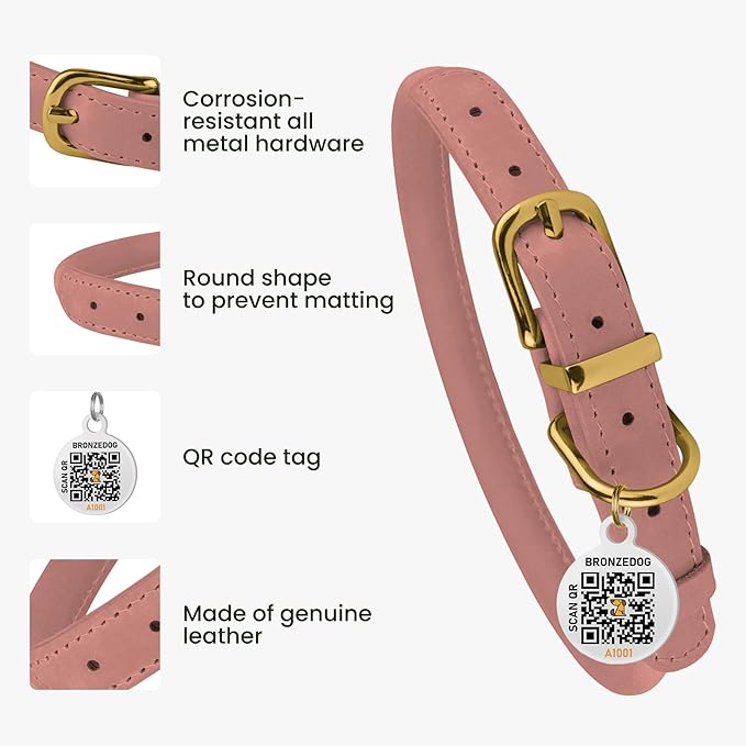 BronzeDog Rolled Leather Dog Collar with QR ID Tag, Adjustable Soft Round Collars for Small Medium Large Dogs Puppy (16" - 19" Neck Size, Blush)