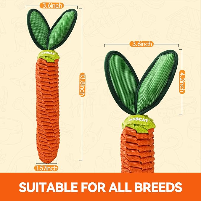 AUSCAT Carrot Dog Rope Toy, Durable Tug of War Toy with Squeaker, Braided Teething Toys for Small Medium Large Dogs