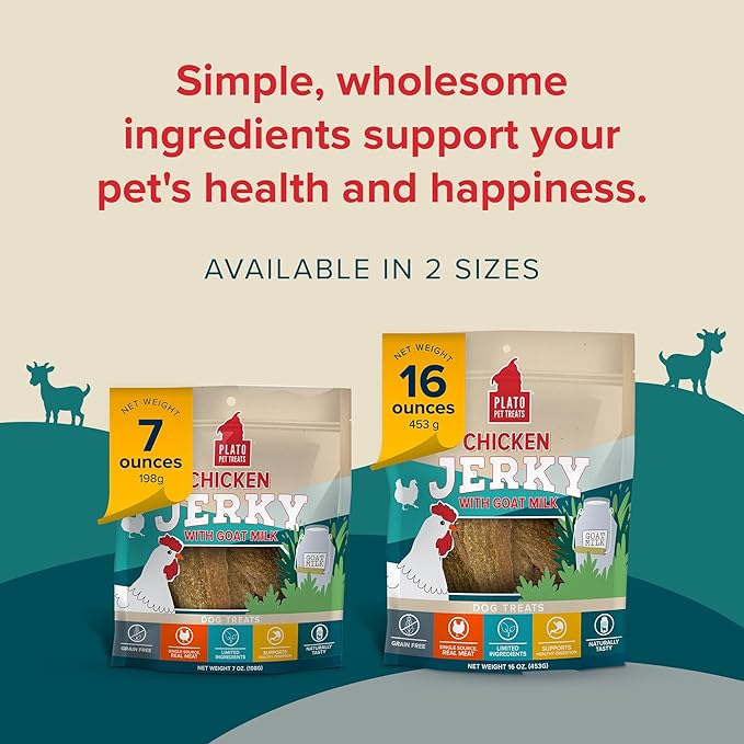 PLATO Pet Treats Dog Treats - Air-Dried Jerky - Delicious, Real Meat - Grain Free - Supports Healthy Digestion - Chicken with Goat Milk 7oz