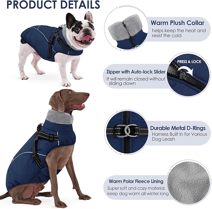 AOFITEE Dog Coat, Waterproof Dog Jacket with Harness Built in, Dogs Coats for Lage Dogs, Warm Fleece Zipped Pet Puffer Jacket, Outdoor Cold Weather Coats Pet Snowsuit for French Bulldog, Blue L