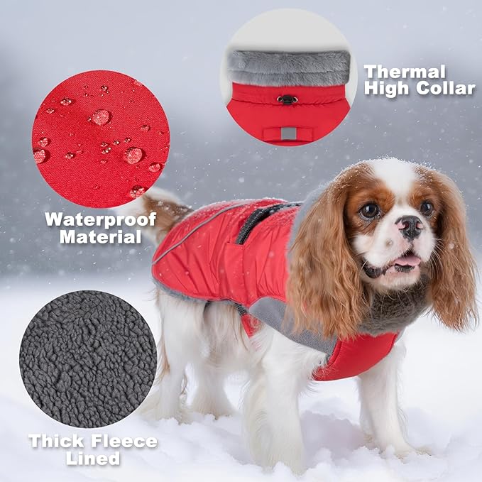KYEESE Waterproof Dog Coat, Windproof Warm Winter Jacket with Thick Fleece Lined, Turtleneck Dog Coats for Small Dogs with Leash Hole, Reflective Outdoor Cold Weather Coat, Red, Medium