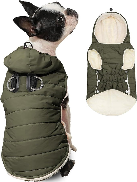 Fleece Lining Dog Hoodie with Harness Built in,Extra Warm Medium Dog Jacket in Winter Doggie Coats with Drawstring Hooded,Green XL