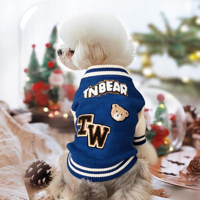Small Dog Sweater Sweatshirt Cute Blue Puppy Sweaters - Winter Warm Knitted Bear Design for Small Puppies(L)