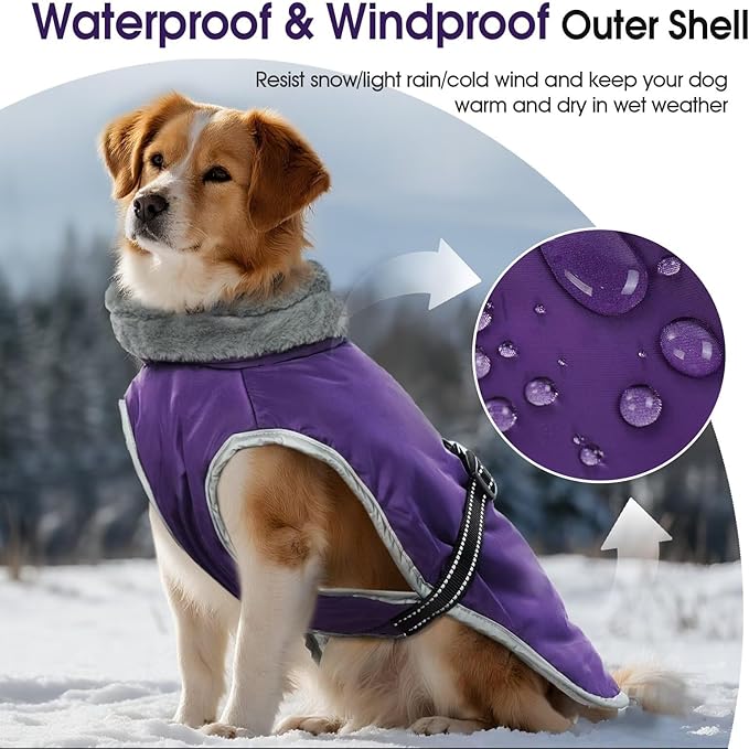 Warm Dog Coat Reflective Jacket,Size S Waterproof Winter Coat Turtleneck Dog Clothes for Cold Weather,Thick Fleece Snowsuit Christmas Vest for Small Dogs,Thermal Cold Weather Coats,Purple,S